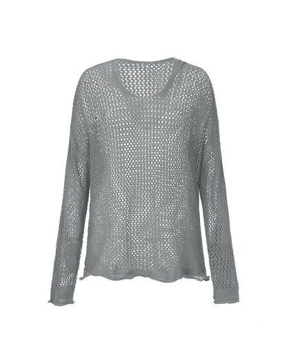 Dames Crochet Hollow Out Hooded Long Sleeve Tops