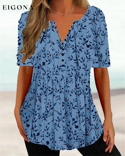 V-neck short-sleeved printed T-shirt Blue 23BF clothes Short Sleeve Tops Summer T-SHIRTS Tops/Blouses