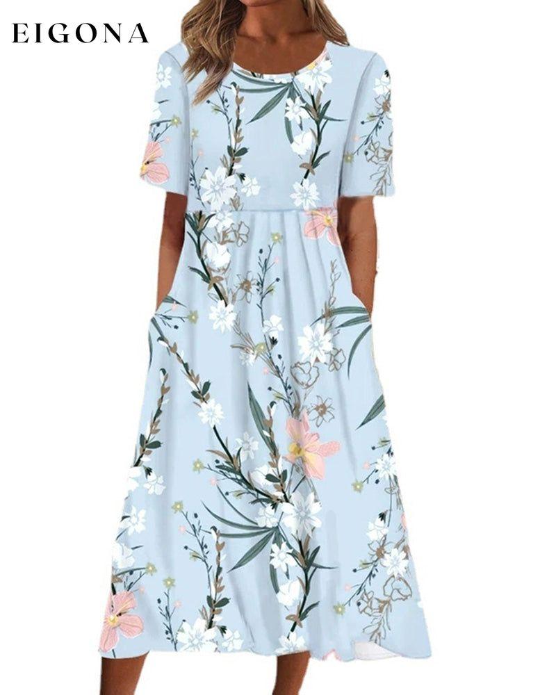 Round Neck Flower Print Dress 23BF Casual Dresses Clothes Dresses Elegant Dresses Spring Summer