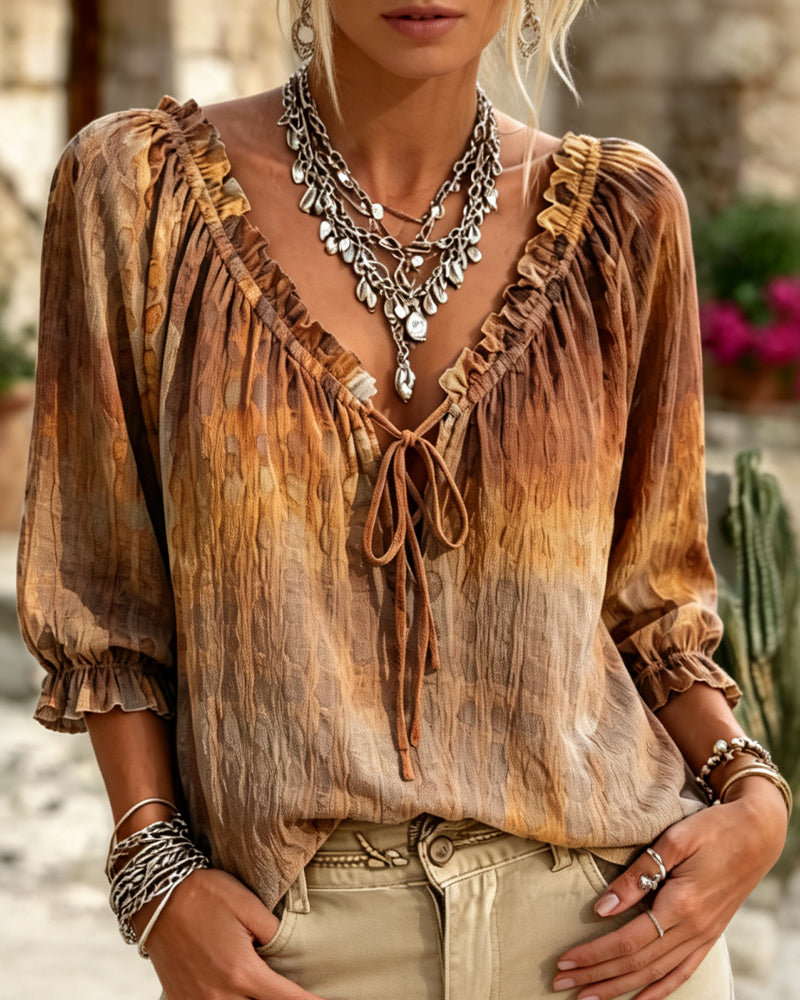 V-Neck Gradient Lace Up Blouse