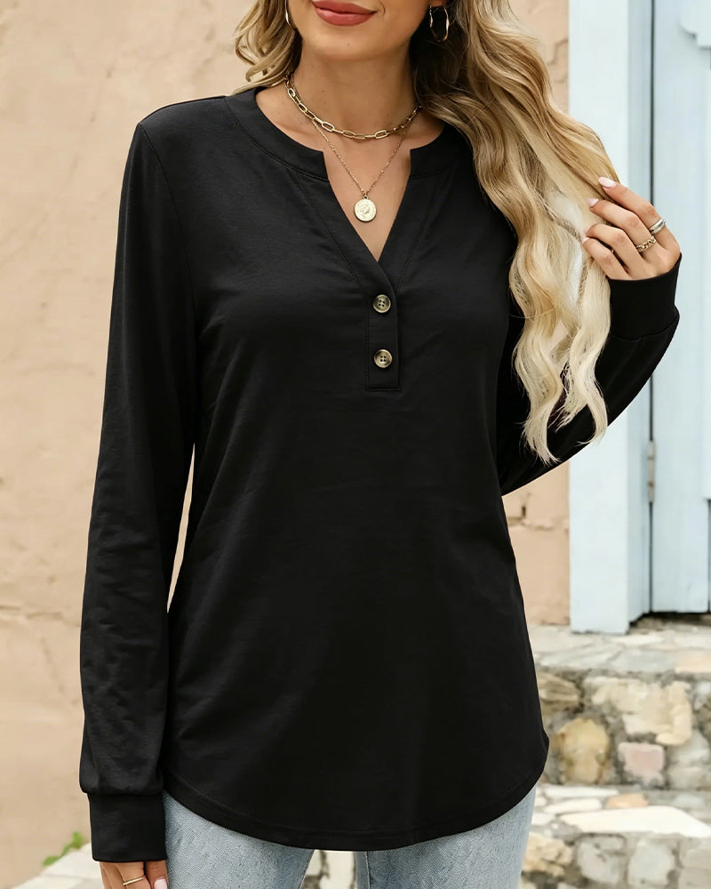 V-Neck Button Long Sleeve Solid Top 2024 f/w tops