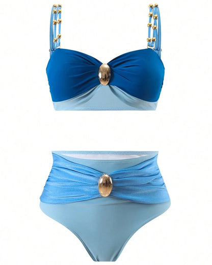 Contrast Color Metal Decorative Buckle Sexy Bikini