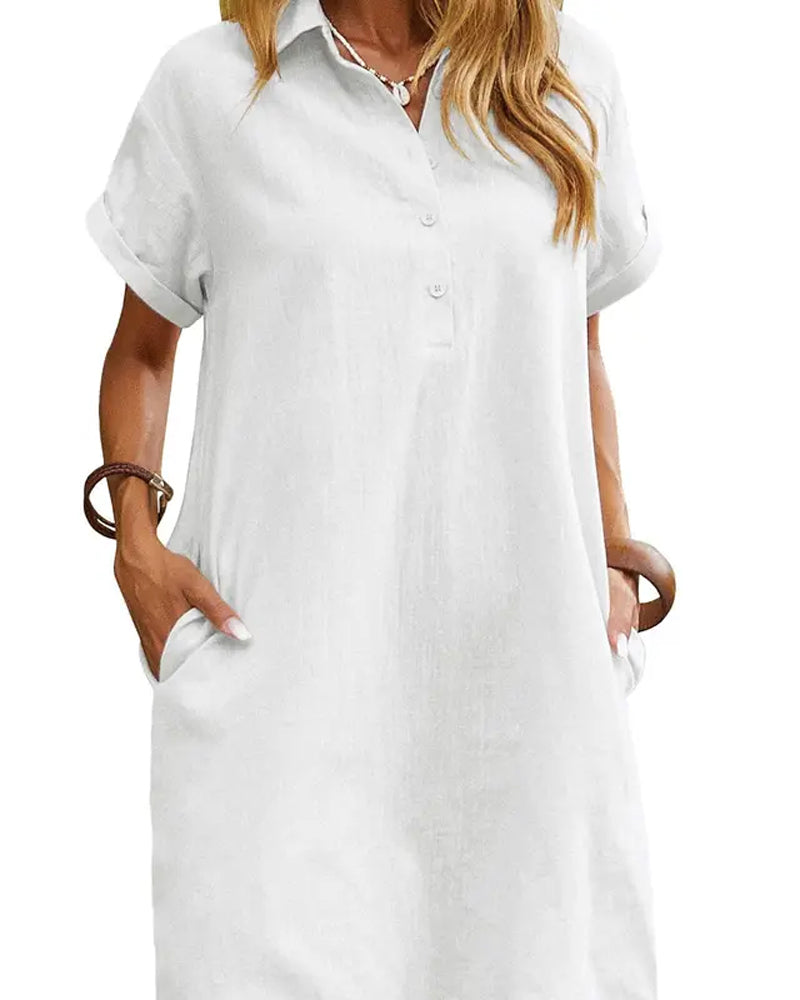 Lapel Button Split Short Sleeve Casual Dress casual dresses spring summer