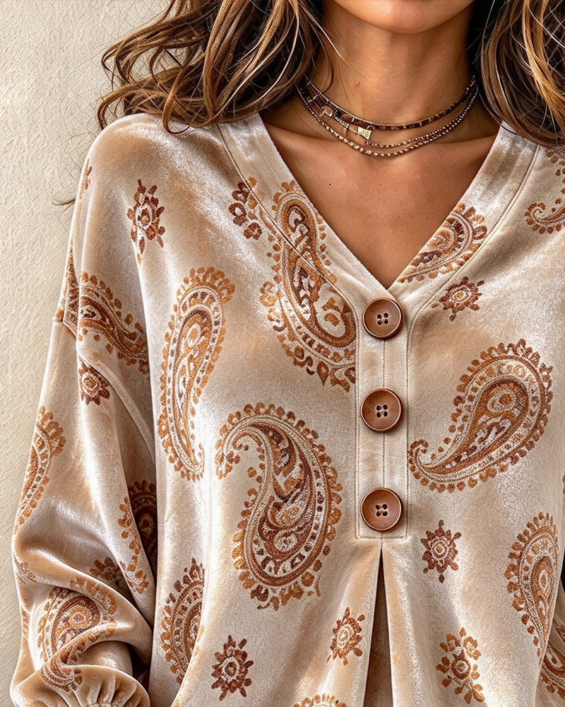 V-Neck Button Print Top