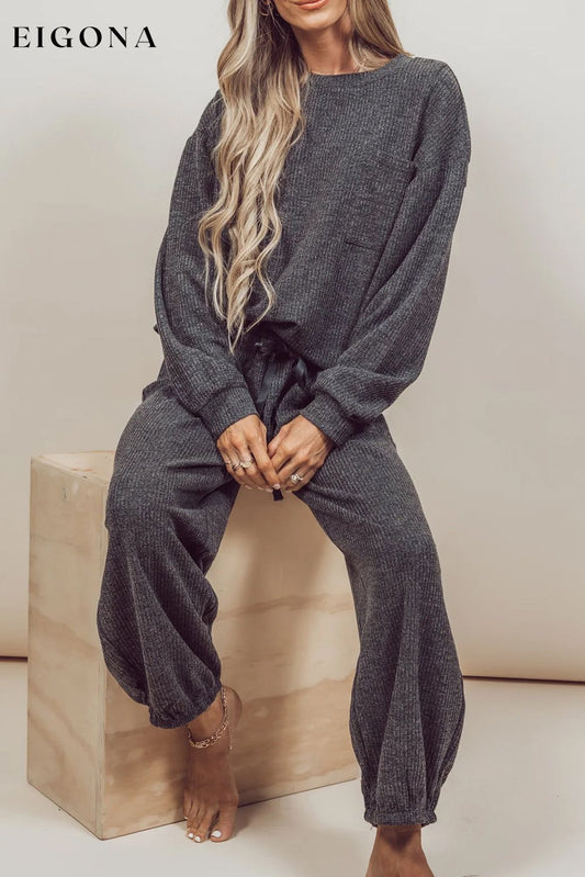 Carbon Grey Heather Ribbed Drop Shoulder Drawstring Pants Lounge Set Carbon Grey 75%Polyester+20%Viscose+5%Elastane All In Stock clothes Fabric Ribbed lounge wear loungewear Occasion Home pajamas pijamas Print Solid Color Season Winter Style Casual