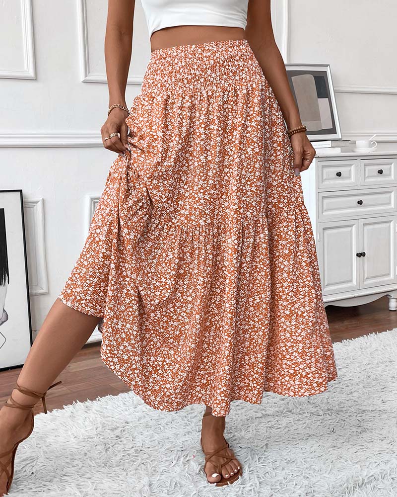 Layered Tiny Flower Print A-Line Long Skirt