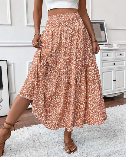 Layered Tiny Flower Print A-Line Long Skirt