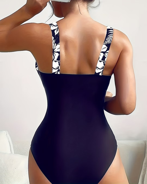Retro Color-Block Print One-Piece Swimsuit