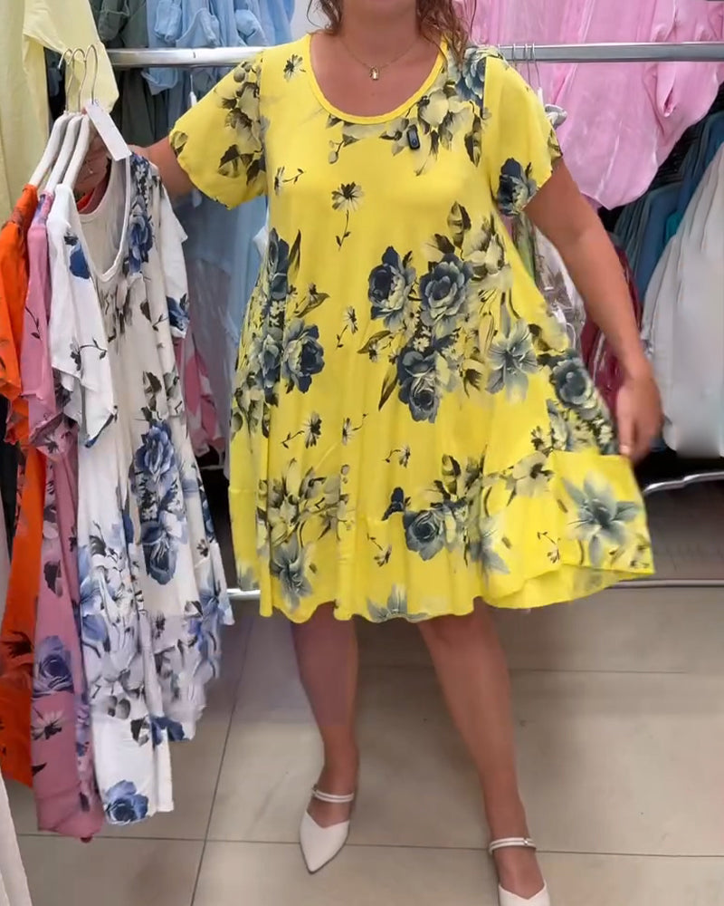 Crew Neck Floral A-Line Dress