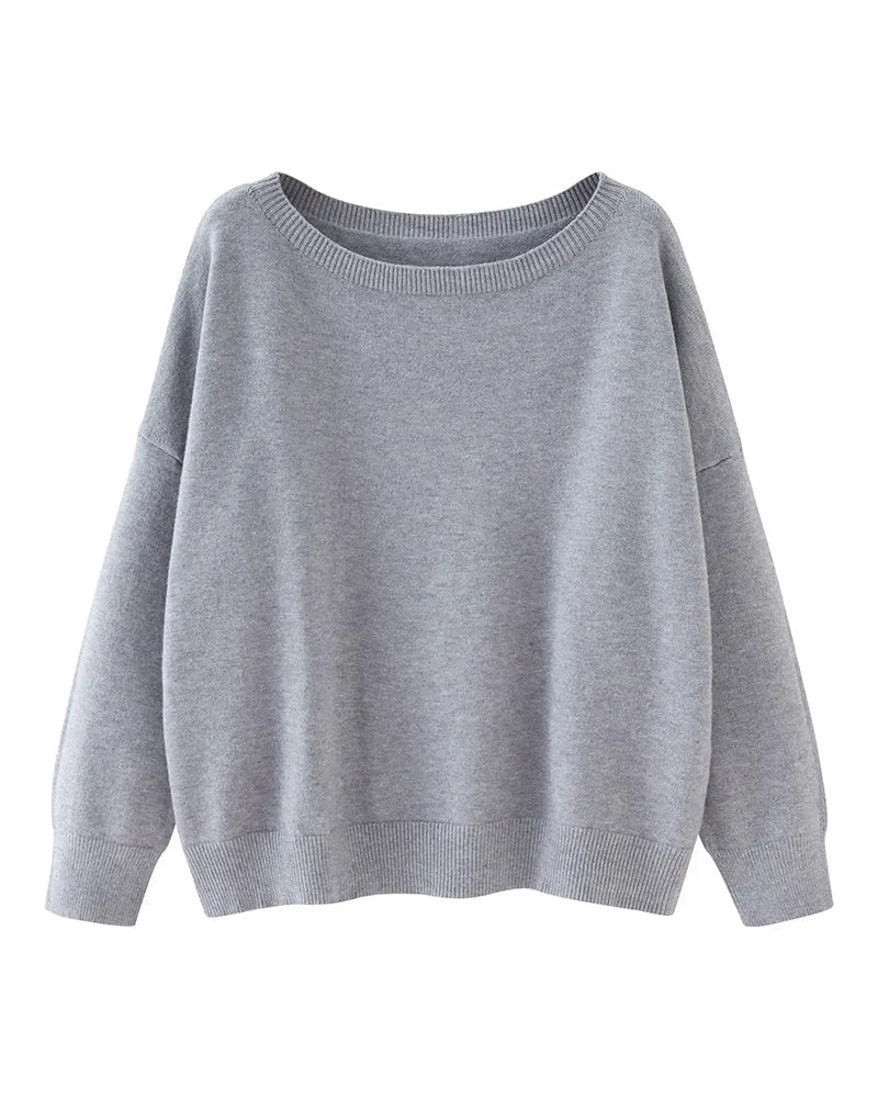 Crew-Neck Drop-Shoulder Solid Loose Pullover