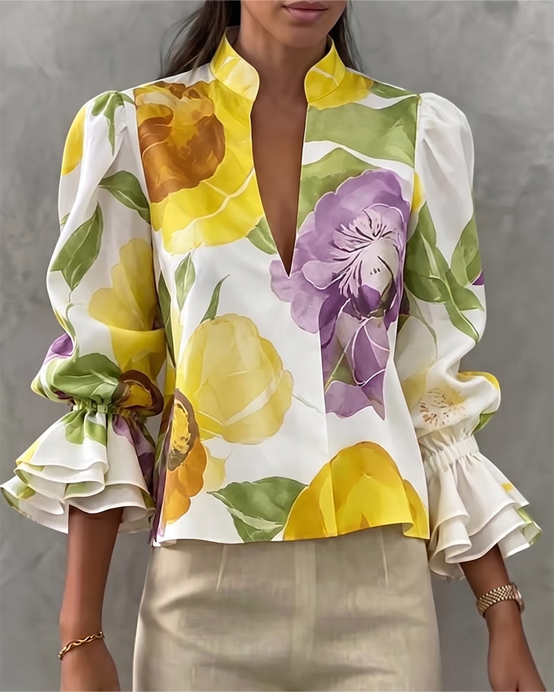 Watercolor Large Floral Long-Sleeve Stand-Collar Blouse
