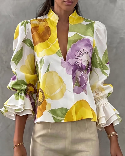 Watercolor Large Floral Long-Sleeve Stand-Collar Blouse