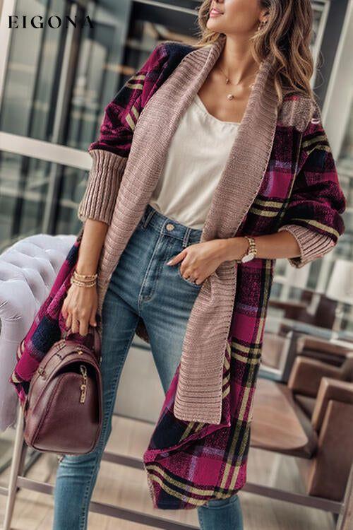 Plaid Open Front Long Sleeve Long Cardigan Cerise cardigan cardigans clothes Ship From Overseas Sweater sweaters SYNZ
