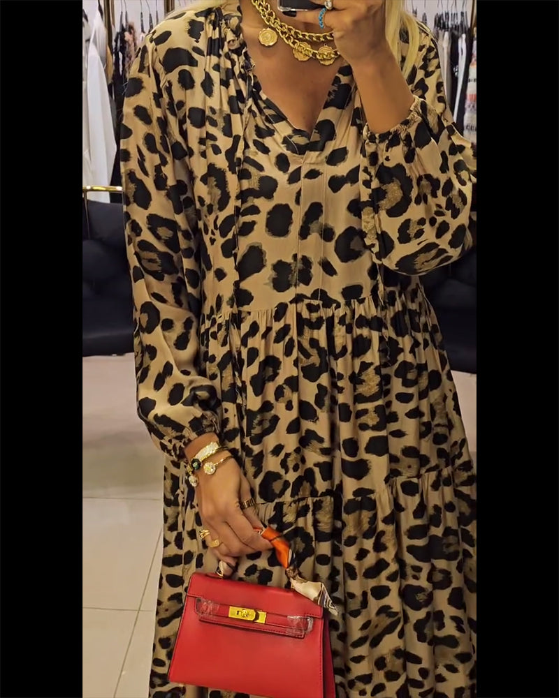 Fashionable leopard print V-neck long-sleeve patchwork dress 2024 f/w casual dresses