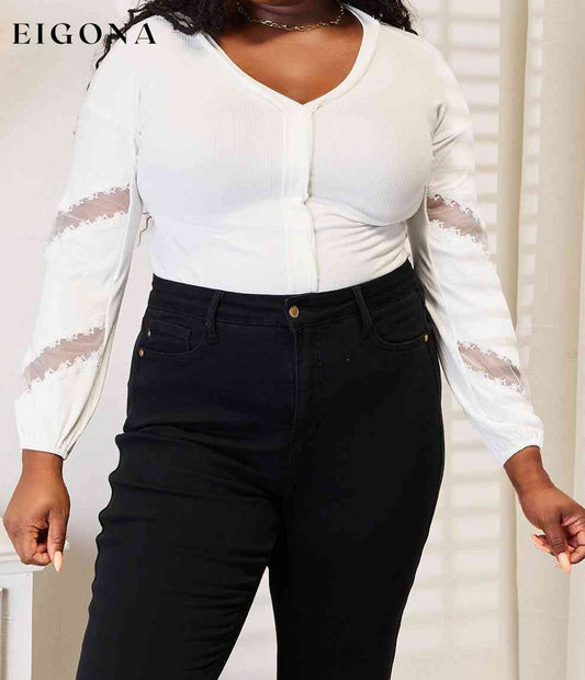 Double Take V-Neck Dropped Shoulder Blouse White clothes Double Take long sleeve long sleeve shirts long sleeve top Ship from USA shirt shirts