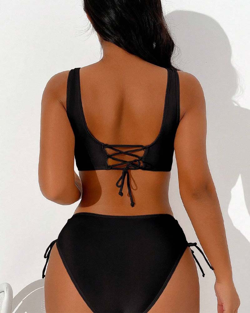 Solid color drawstring tie back bikini swimsuit bikinis summer