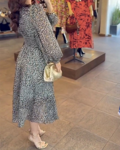 Puff Sleeve V-Neck Printed Dress