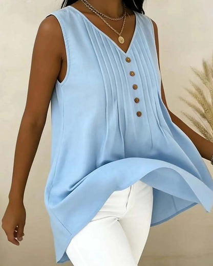 V-Neck Sleeveless Ruffle Button Tank Top