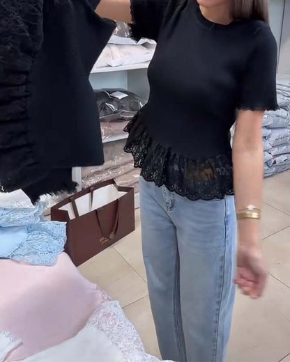 Solid Color Patchwork Ribbed Top