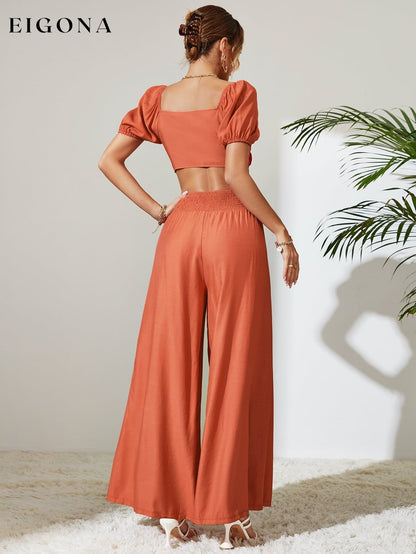 Tie Front Cropped Top and Smocked Wide Leg Pants Set clothes Hanny sets Ship From Overseas Shipping Delay 09/29/2023 - 10/04/2023