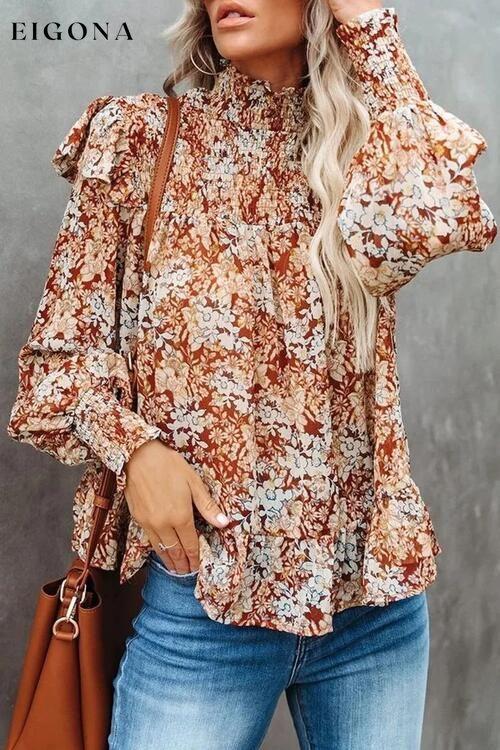 Floral Smocked Lantern Sleeve Ruffled Blouse Multicolor clothes long sleeve shirt long sleeve shirts long sleeve top long sleeve tops Ship From Overseas shirt shirts SYNZ top tops