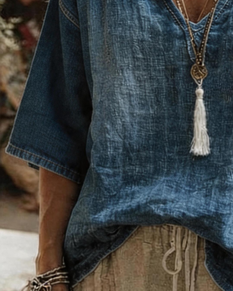 V-Neck Denim Half Sleeve Top