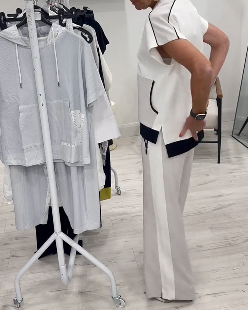 V-Neck Color Matching Slit Casual Suit