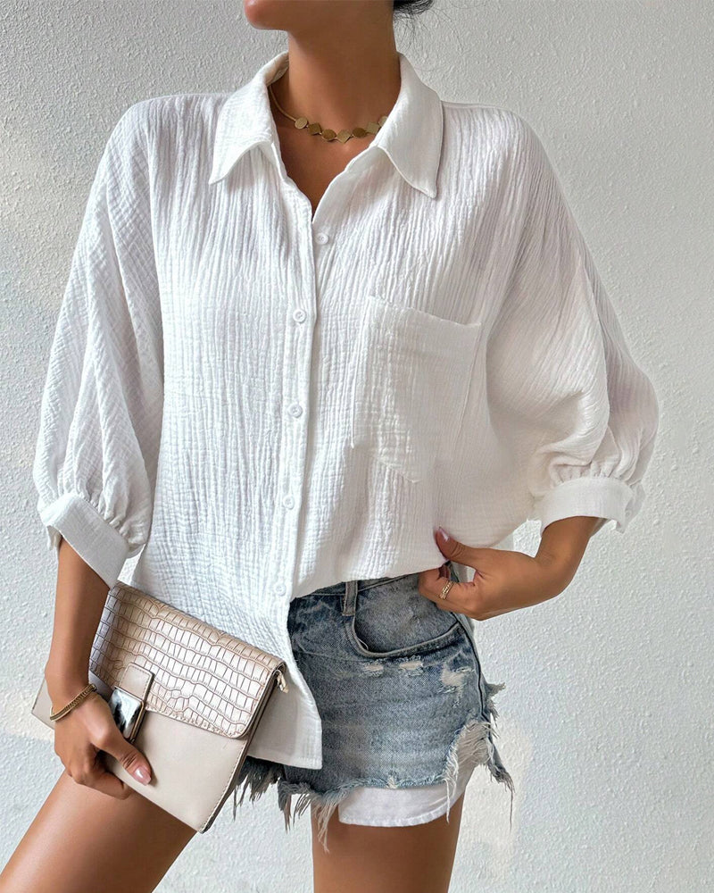 Solid Color Lapel Pleated Lantern Sleeve Shirt