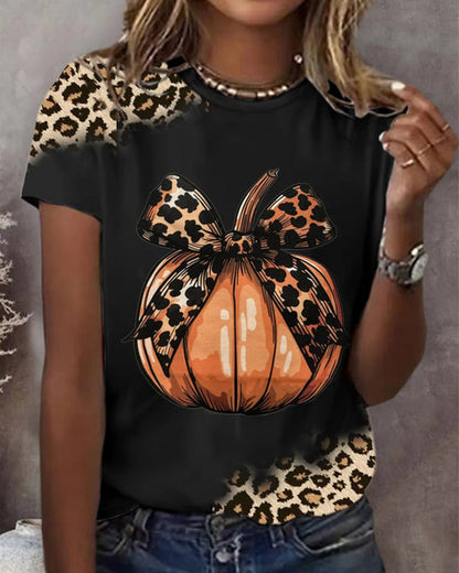 Women's Halloween Leopard Print Pumpkin Print Casual V-Neck T-Shirt 2024 f/w halloween spring summer t-shirts