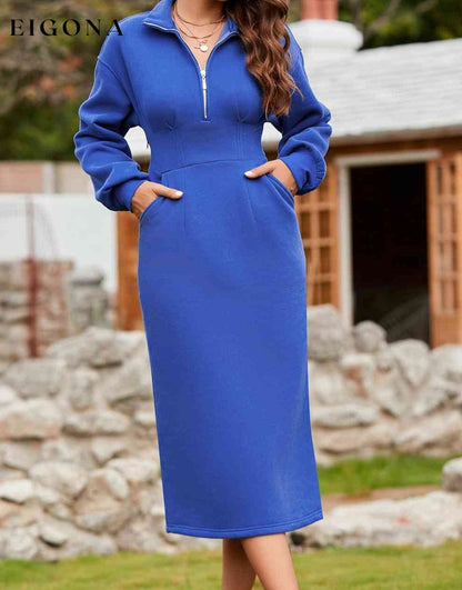 Collared Neck Drop Shoulder Dress Long Sleeve with Pockets casual dresses clothes dresses long sleeve dresses midi dresses Ship From Overseas SYNZ