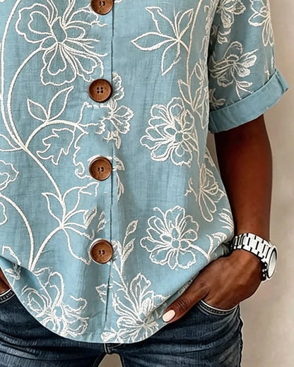 V-Neck Peony Print Button Blouse