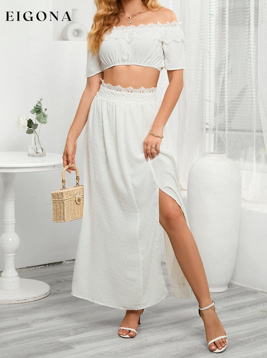Swiss Dot Lace Trim Cropped Top and Slit Skirt Set White CATHSNNA clothes crop top crop tops croptop Ship From Overseas Shipping Delay 09/29/2023 - 10/03/2023 skirt skirts