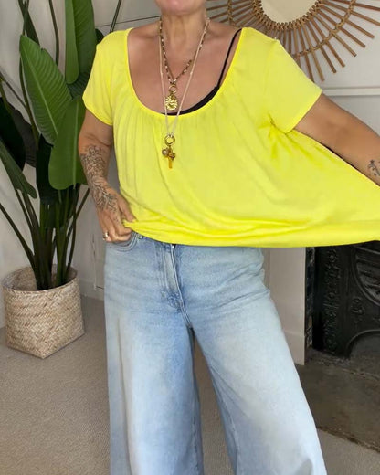 Round-Neck Loose Pleated T-Shirt