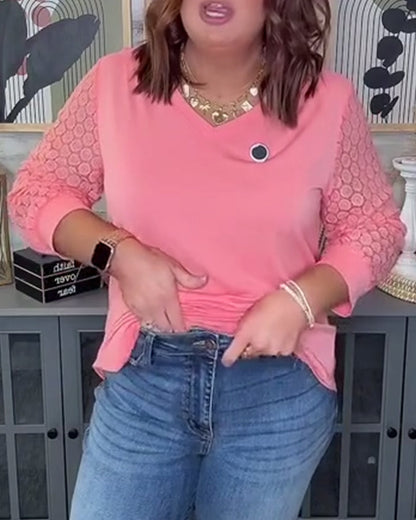 Three-Quarter Sleeve Lace Panel V-Neck Blouse