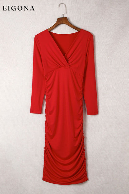 Fiery Red Long Sleeves Wrap V Neck Ruched Sheath Bodycon Dress casual dresses clothes Color Red DL Exclusive dress dresses Evening Dresses Wholesale long sleeve dress long sleeve dresses midi dress Occasion Night Out Season Fall & Autumn Style Elegant Style Feminine