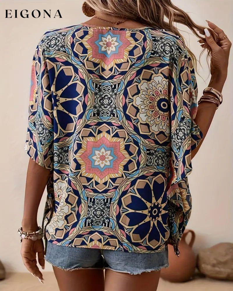 Retro printed V-neck button half sleeve blouse blouses & shirts spring summer