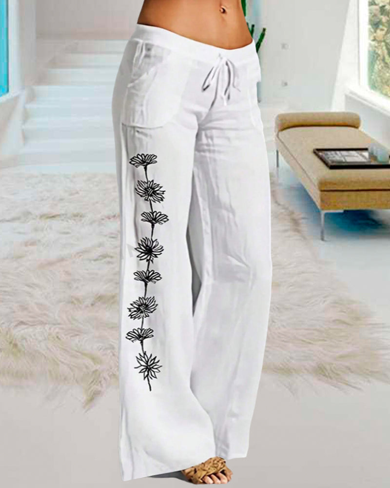 Casual floral print lace-up pocket wide-leg pants 202466 pants spring summer