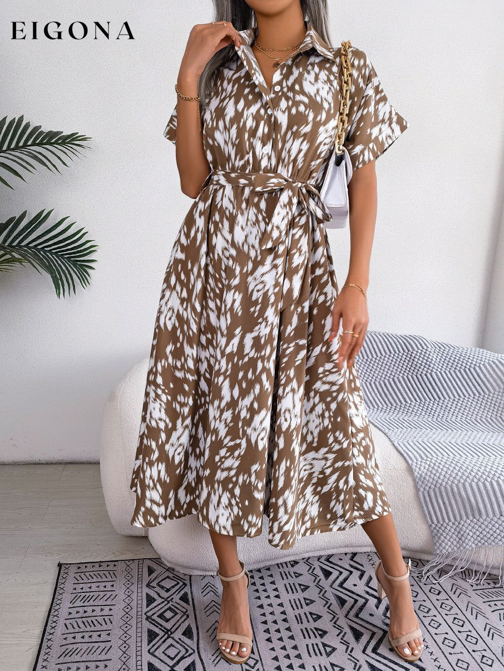 Printed Collared Neck Short Sleeve Tie Waist Dress B.J.S casual dress casual dresses clothes dress dresses midi dress Ship From Overseas short sleeve short sleeve dress