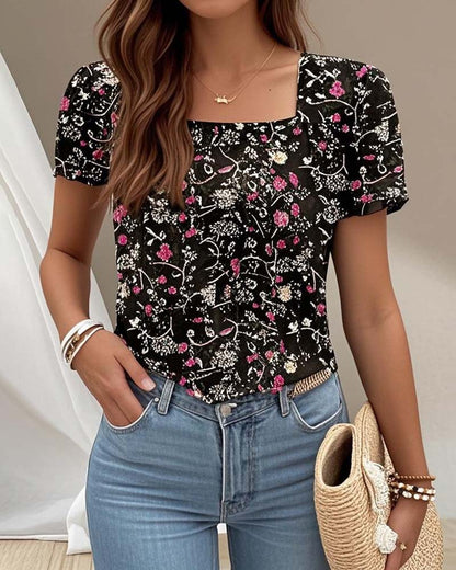 Casual Short Sleeve Floral Square Neck Top