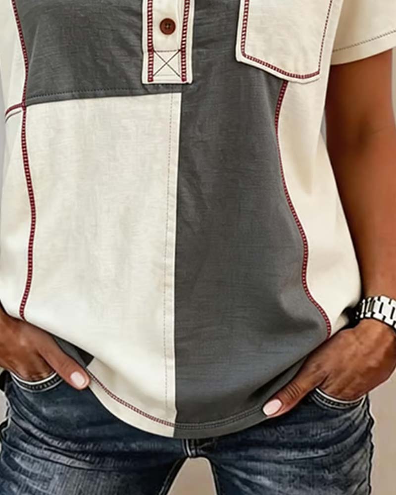 Contrast Color Crew Neck Button Patchwork T-Shirt spring summer t-shirts