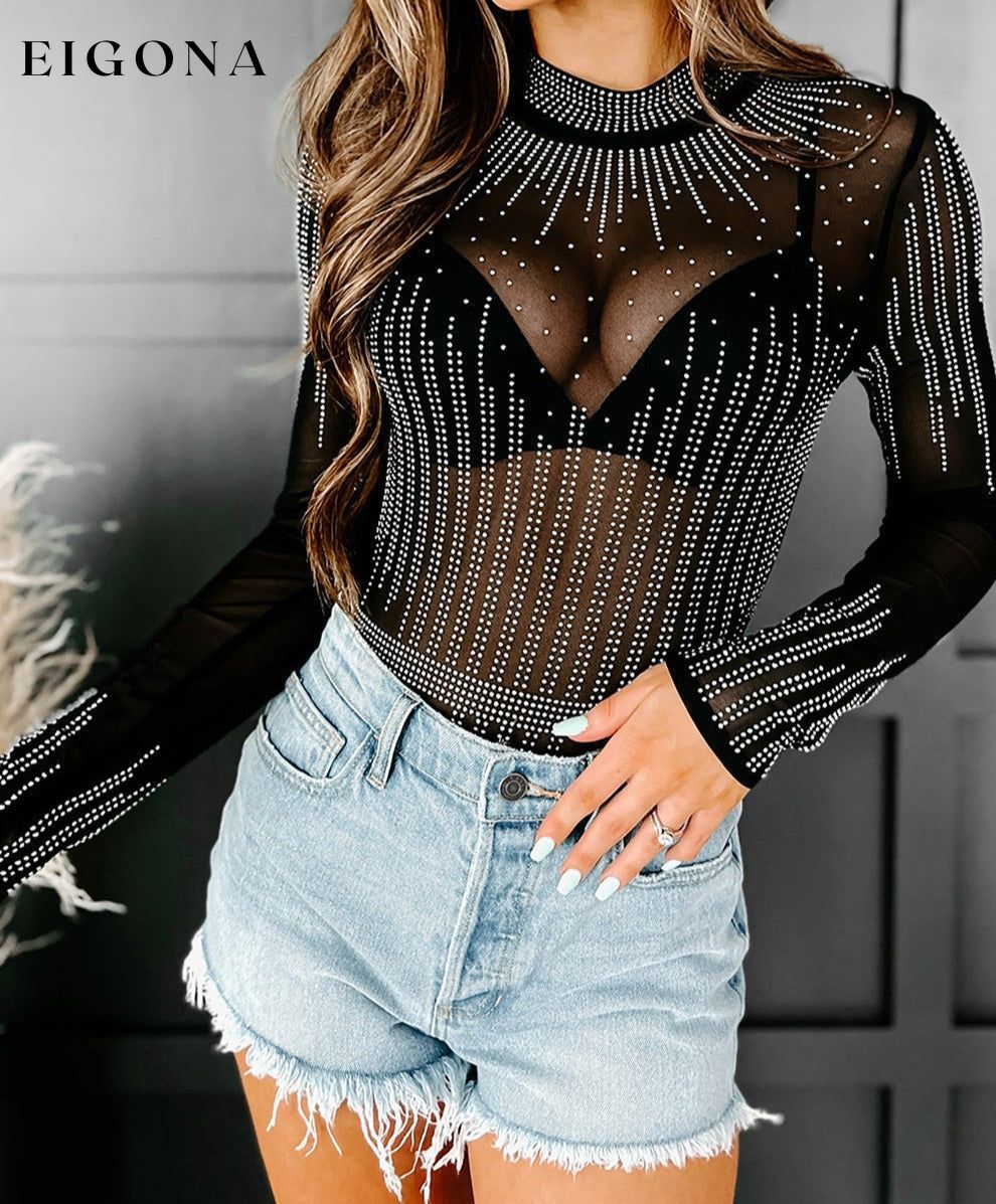 Black Rhinestone Sheer Mesh Long Sleeve Bodysuit All In Stock bodysuit bodysuits clothes clothing Craft Rhinestone DL Exclusive Early Fall Collection Fabric Sheer long sleeve shirts long sleeve top Occasion Night Out Occasion Rock & Music Print All Over Season Summer Style Feminine top