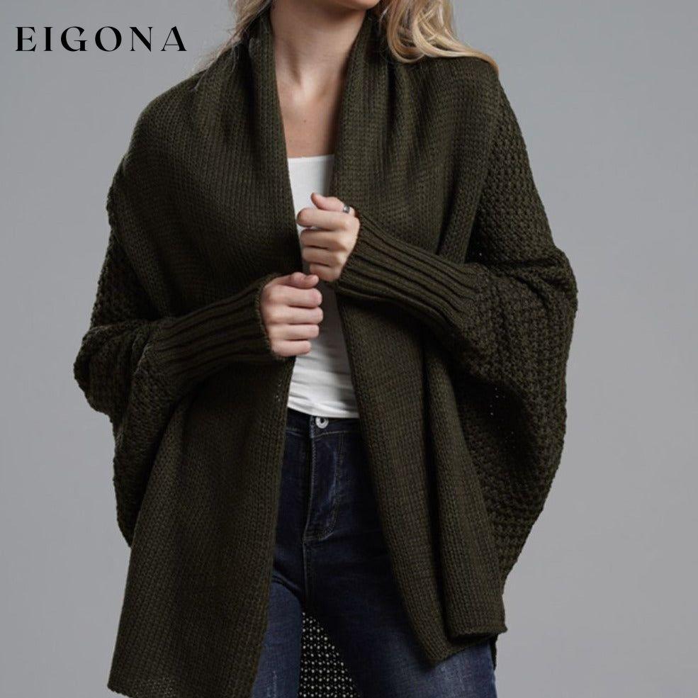 Double Take Sleeve Open Front Ribbed Trim Longline Cardigan Olive One Size cardigan cardigans clothes Double Take Ship From Overseas sweaters
