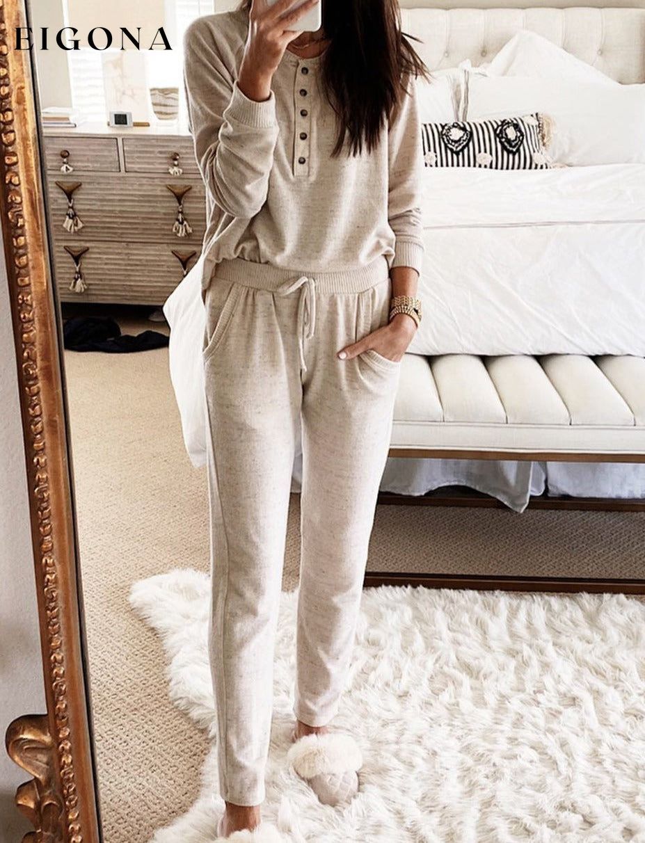 Apricot Long Sleeve Button Top and Drawstring Pants Set 2 piece All In Stock clothes long sleeve setv lounge wear loungewear Occasion Home pants sets Print Solid Color Season Winter set Style Casual