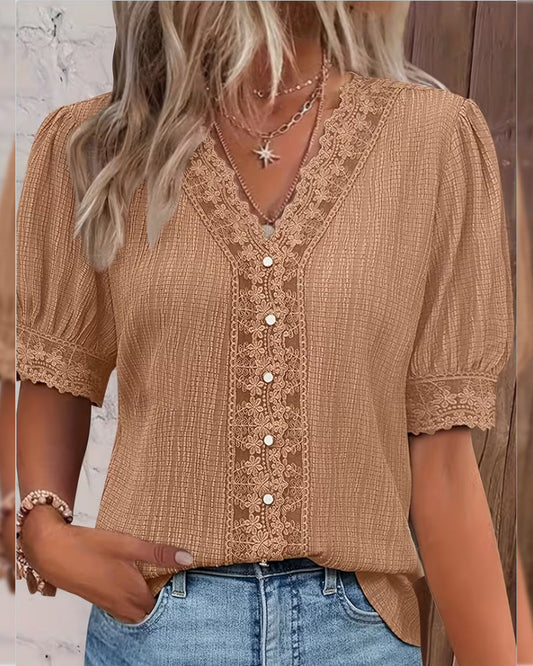 Lace Patchwork V-Neck Puff Sleeve Blouse blouses & shirts spring summer