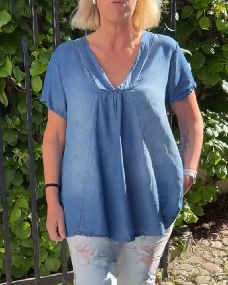 Loose-Fit V-Neck Denim Blouse