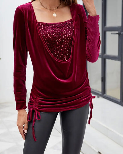 Sequined Velvet Drawstring Long Sleeve Top