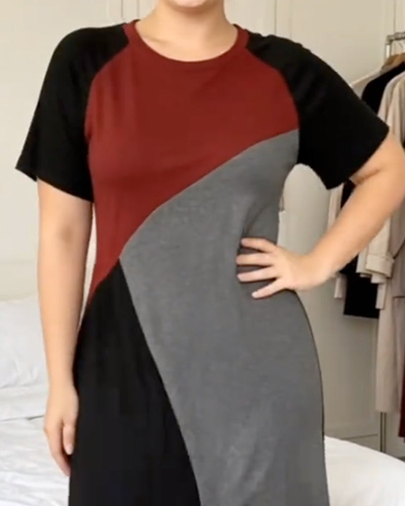 Patchwork Raglan Round Neck Dress