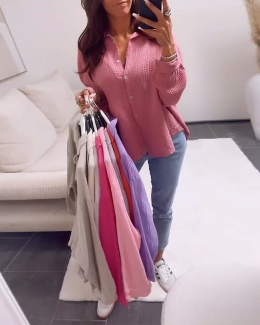 Casual Lapel Textured Button-Down Blouse