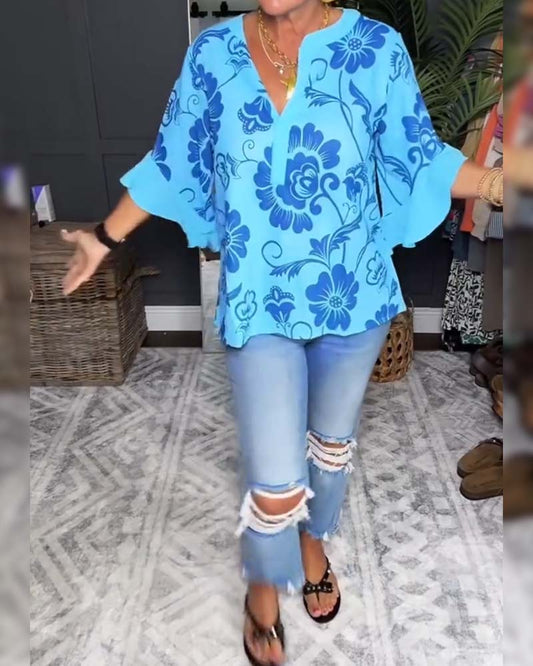 Loose Short-Sleeve Print Blouse