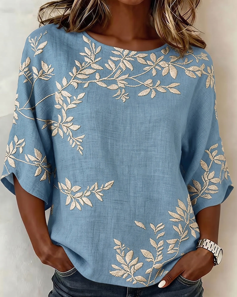 Round Neck Batwing Sleeve Striped Blouse
